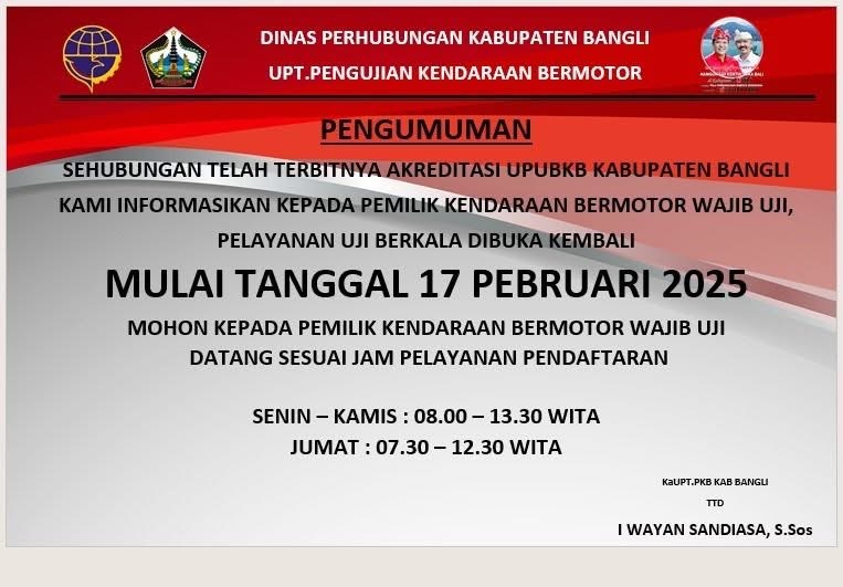 Pengumuman! UPT Pengujian Kendaraan Bermotor Kabupaten Bangli Sudah Dibuka Kembali
