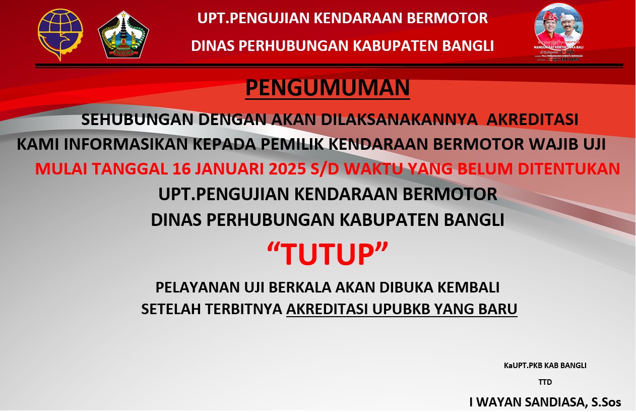 Pengumuman! UPT Pengujian Kendaraan Bermotor Tutup Sementara